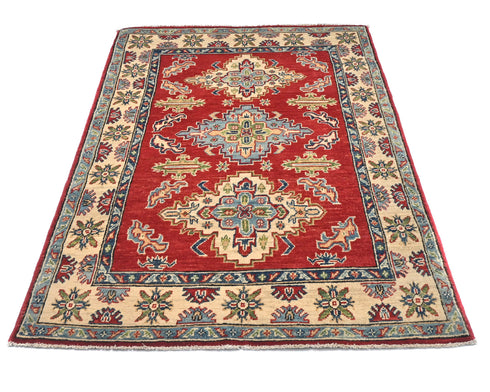 3x5 Red Kuba Afghan Hand Knotted Wool Area Rug